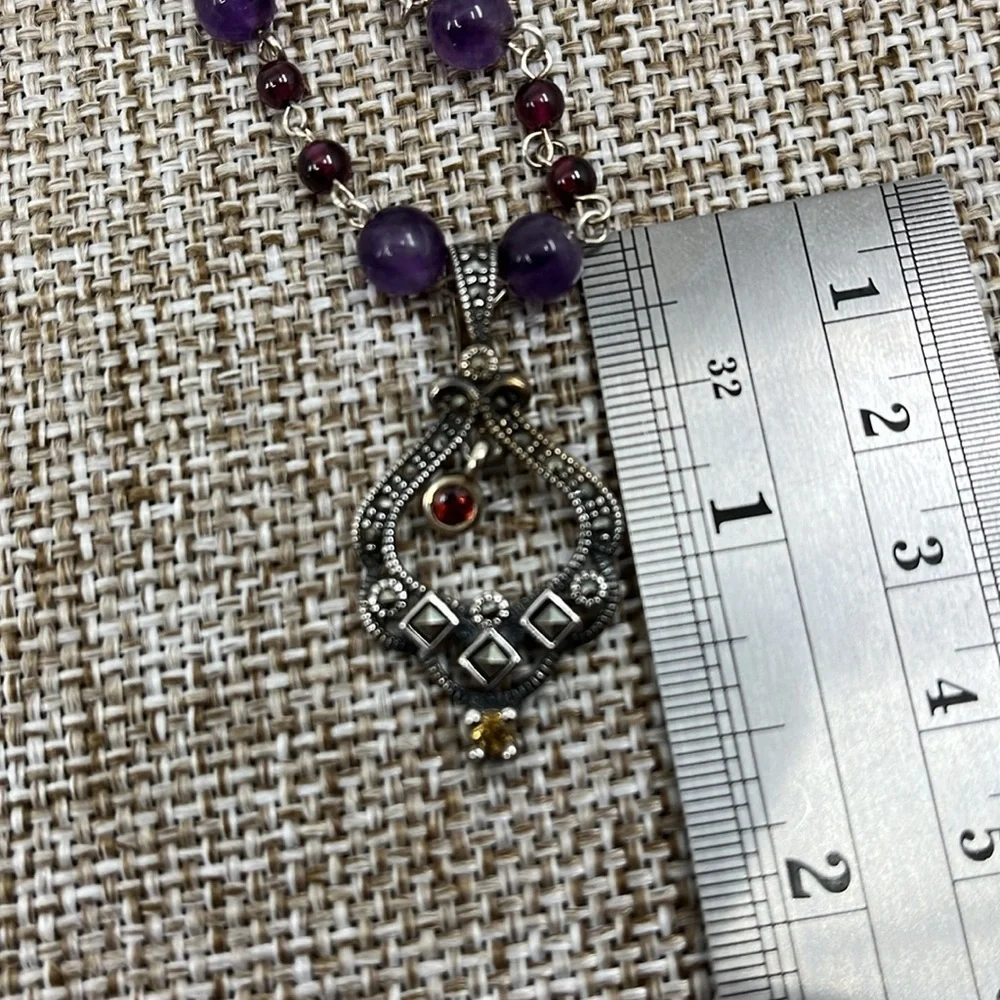 Vintage ✨ Sterling Silver Beaded Adjustable Necklace with Marcasite Pendant 💎 - Picture 10 of 14